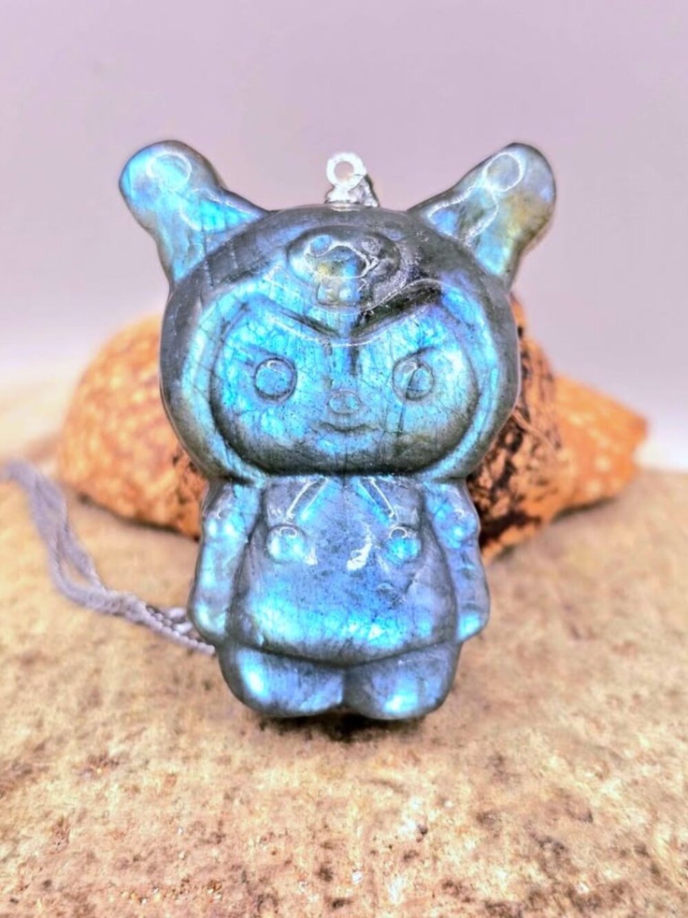 Natural Labradorite Kuromi‐Inspired Big Pendant Necklace